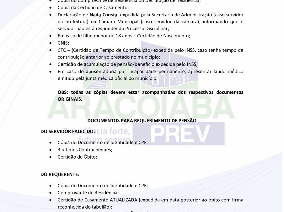 Relação de Documentos para Requerimento de Aposentadoria e Pensão