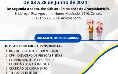 ARACOIABAPREV convoca todos os Aposentados e Pensionistas para realização do Recadastramento anual (prova de vida) 2024